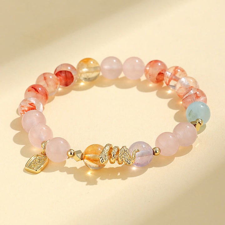 Buddha Stones Divers Cristal Cristal Rose Améthyste Bracelet Porte-Bonheur Année du Serpent - Cristal rose (Tour de poignet : 14-16,5 cm) - image 0