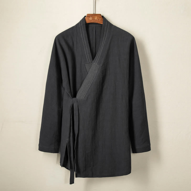 Veste en coton et lin pour homme avec lacets simples et Buddha Stones - Noir - US/UK/AU44，EU54 (4XL) - image 0