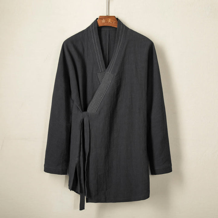 Veste en coton et lin pour homme avec lacets simples et Buddha Stones