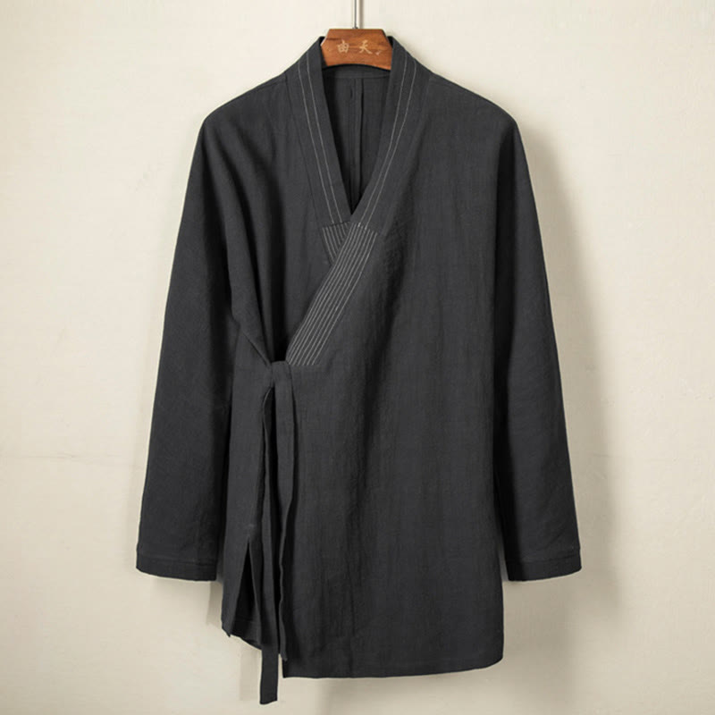 Veste en coton et lin pour homme avec lacets simples et Buddha Stones