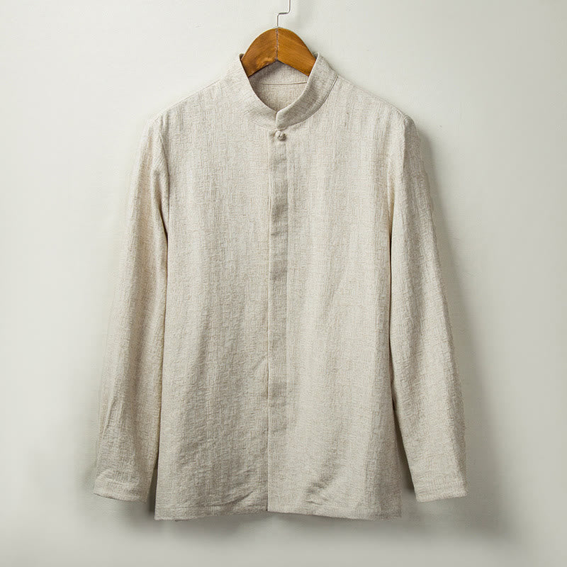 Chemise boutonnée à manches longues et col montant en coton et lin pour homme Motif Buddha Stones - Lin - US/UK/AU44，EU54 (4XL) - image 0