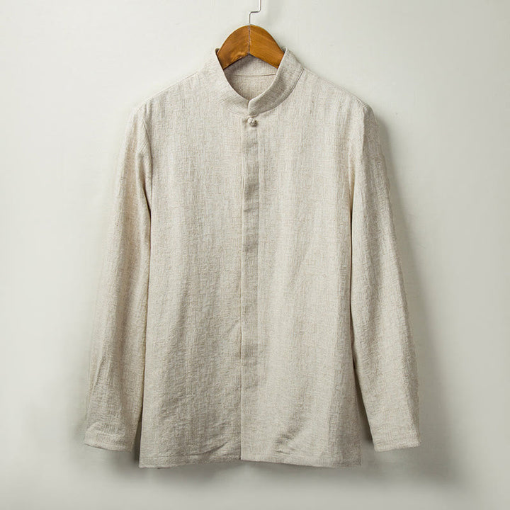 Chemise boutonnée à manches longues et col montant en coton et lin pour homme Motif Buddha Stones - Lin - US/UK/AU44，EU54 (4XL) - image 0