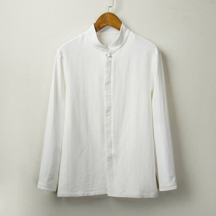 Chemise boutonnée à manches longues et col montant en coton et lin pour homme Motif Buddha Stones - Blanc - US/UK/AU44，EU54 (4XL) - image 2