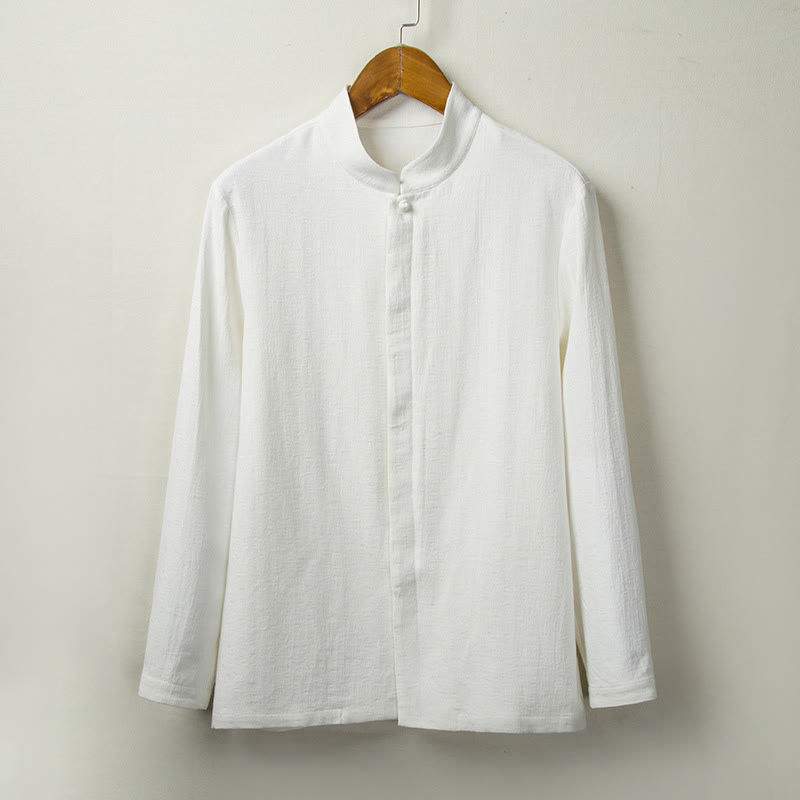Chemise boutonnée à manches longues et col montant en coton et lin pour homme Motif Buddha Stones - Blanc - US/UK/AU44，EU54 (4XL) - image 2