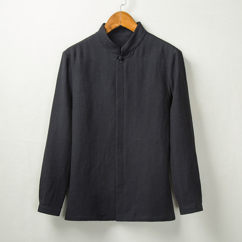 Chemise boutonnée à manches longues et col montant en coton et lin pour homme Motif Buddha Stones - Noir - US/UK/AU44，EU54 (4XL) - image 4