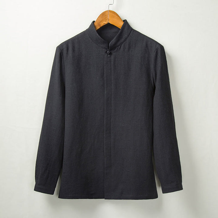 Chemise boutonnée à manches longues et col montant en coton et lin pour homme Motif Buddha Stones - Noir - US/UK/AU44，EU54 (4XL) - image 4