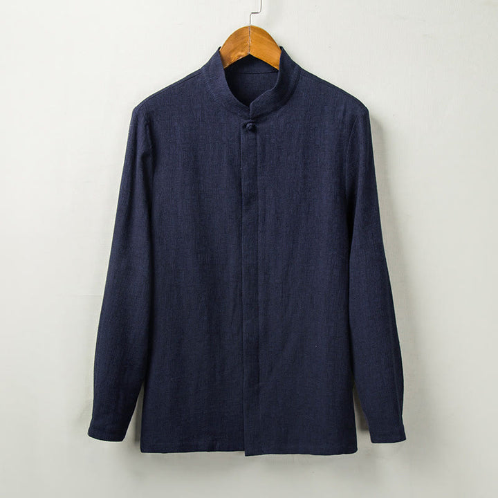 Chemise boutonnée à manches longues et col montant en coton et lin pour homme Motif Buddha Stones - Bleu acier - US/UK/AU44，EU54 (4XL) - image 6