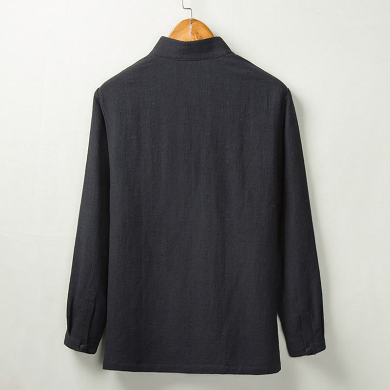 Chemise boutonnée à manches longues et col montant en coton et lin pour homme Motif Buddha Stones - image 5