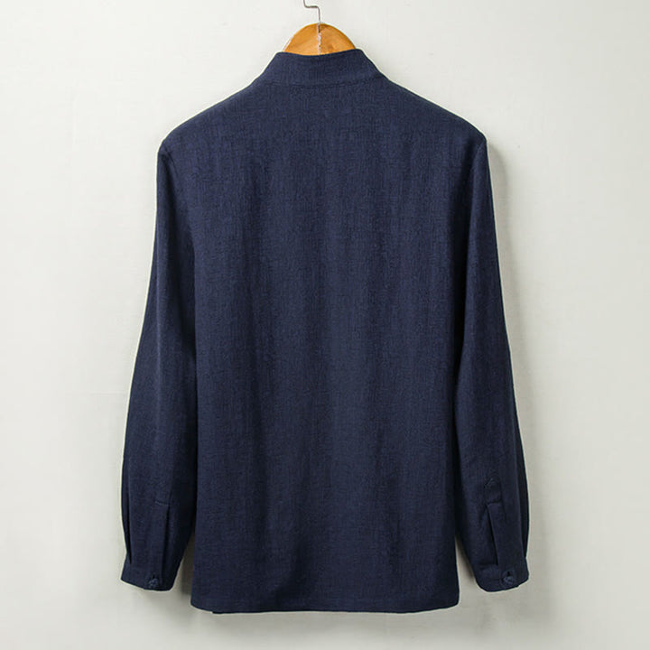 Chemise boutonnée à manches longues et col montant en coton et lin pour homme Motif Buddha Stones - image 7