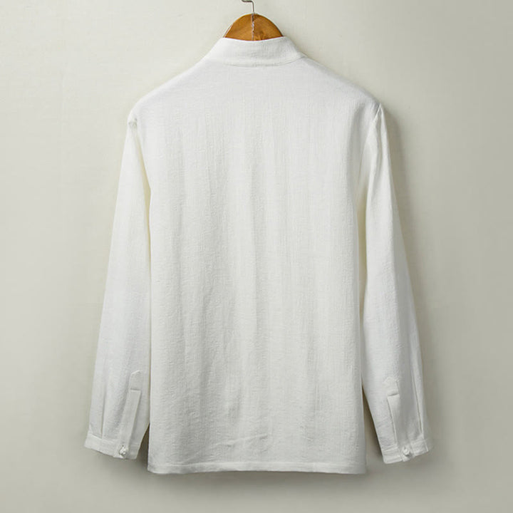 Chemise boutonnée à manches longues et col montant en coton et lin pour homme Motif Buddha Stones - image 3