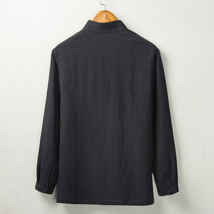Chemise boutonnée à manches longues et col montant en coton et lin pour homme Motif Buddha Stones - image 5