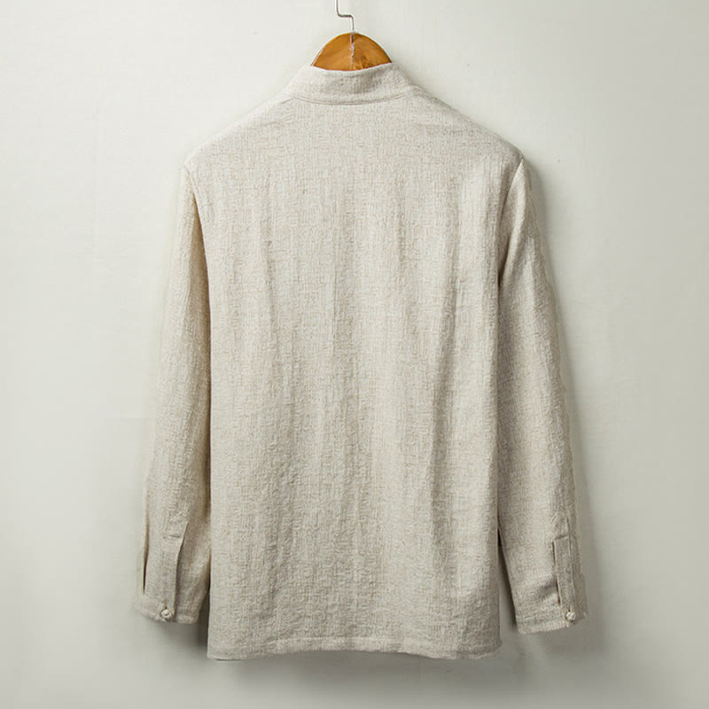 Chemise boutonnée à manches longues et col montant en coton et lin pour homme Motif Buddha Stones - image 1