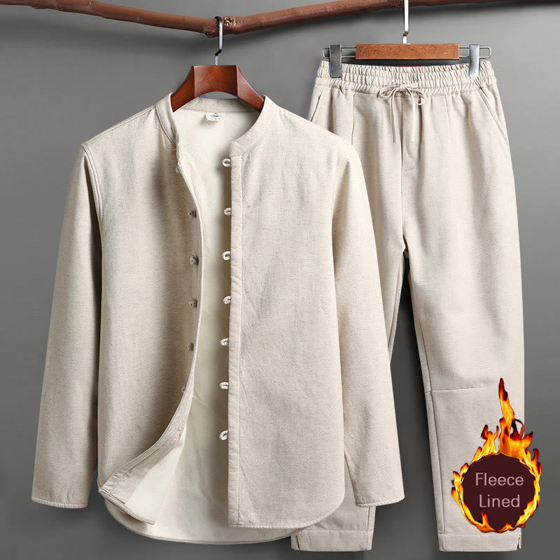 Ensemble Buddha Stones traditionnel en polaire avec haut à manches longues et pantalon pour homme - Lin - Haut et pantalon - US/UK/AU46，EU56 (5XL) - image 0
