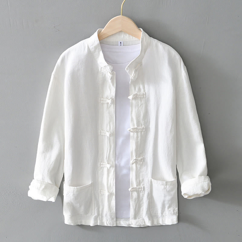 Chemise homme en coton et lin, style Tang, avec poches, à boutons grenouille et motifs de Buddha Stones - Blanc - US/UK/AU50，EU60 (5XL) - image 7