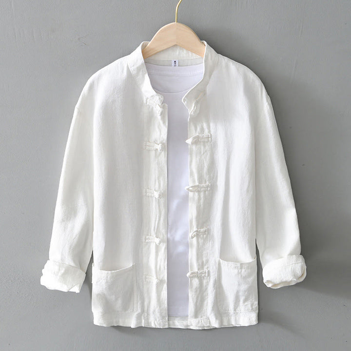 Chemise homme en coton et lin, style Tang, avec poches, à boutons grenouille et motifs de Buddha Stones - Blanc - US/UK/AU50，EU60 (5XL) - image 7