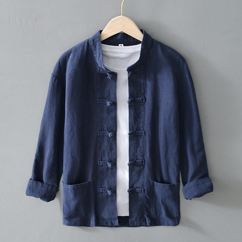 Costume chinois Tang en coton et lin avec boutons de grenouille et Buddha Stones , veste et chemise avec poches pour homme - Bleu acier - États-Unis/Royaume-Uni/AU50, EU60 (5XL) - image 30