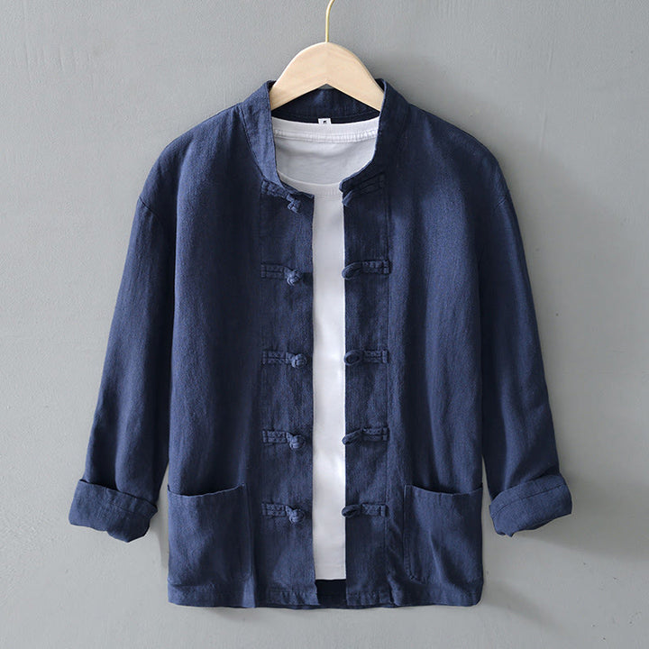 Costume chinois Tang en coton et lin avec boutons de grenouille et Buddha Stones , veste et chemise avec poches pour homme - Bleu acier - États-Unis/Royaume-Uni/AU50, EU60 (5XL) - image 30