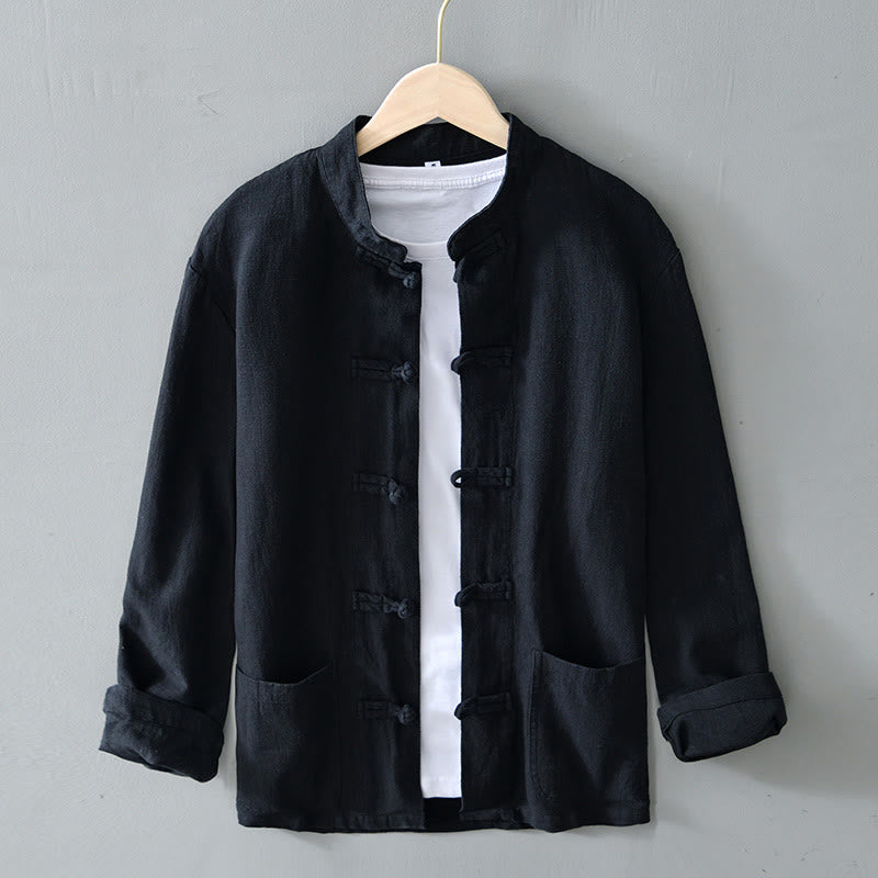 Chemise homme en coton et lin, style Tang, avec poches, à boutons grenouille et motifs de Buddha Stones - Noir - US/UK/AU50，EU60 (5XL) - image 14