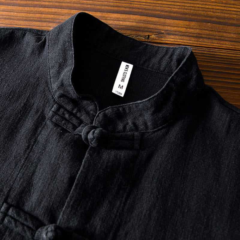 Chemise homme en coton et lin, style Tang, avec poches, à boutons grenouille et motifs de Buddha Stones - image 16