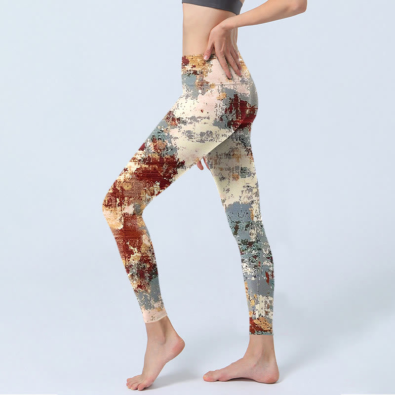 Leggings d'exercice à imprimé abstrait beige rouge gris avec Buddha Stones Pantalon de yoga pour femme - image 3