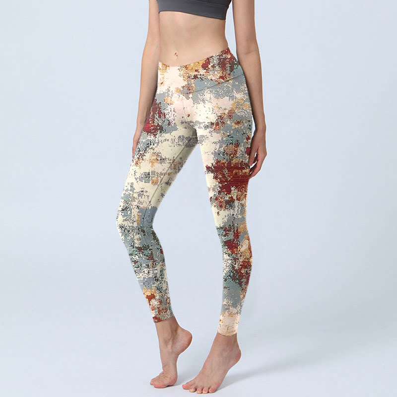 Leggings d'exercice à imprimé abstrait beige rouge gris avec Buddha Stones Pantalon de yoga pour femme - Beige - US18，UK/AU22，EU50 (4XL) - image 1