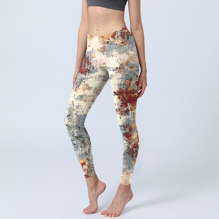 Leggings d'exercice à imprimé abstrait beige rouge gris avec Buddha Stones Pantalon de yoga pour femme - Beige - US18，UK/AU22，EU50 (4XL) - image 1