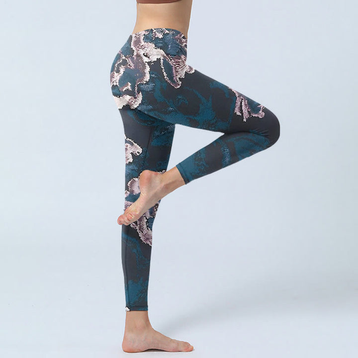 Pantalon de yoga pour femme avec imprimé fleurs argentées et bleu acier Buddha Stones - image 4