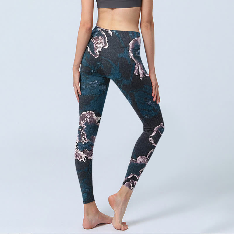 Pantalon de yoga pour femme avec imprimé fleurs argentées et bleu acier Buddha Stones - image 5