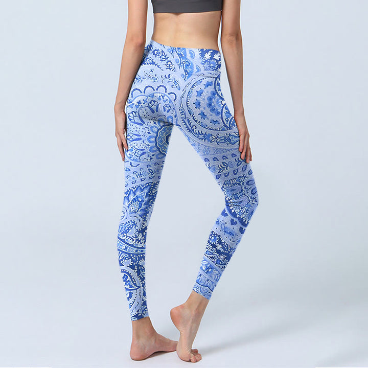Leggings d'exercice à imprimé fleurs blanches et bleu royal de style persan Buddha Stones pour femmes - image 5