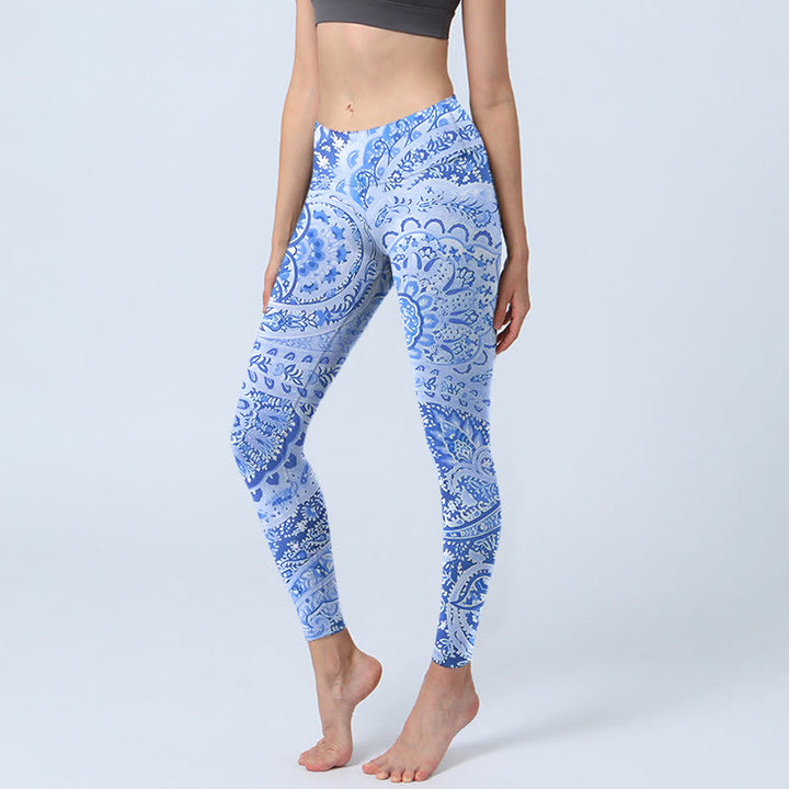 Leggings d'exercice à imprimé fleurs blanches et bleu royal de style persan Buddha Stones pour femmes - Bleu royal - US18，UK/AU22，EU50 (4XL) - image 0