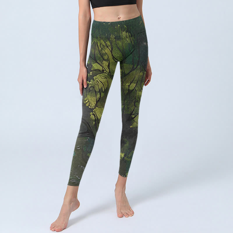 Leggings d'exercice imprimé Buddha Stones ForestGreen Leaves Black Lines Pantalon de yoga pour femme - image 6