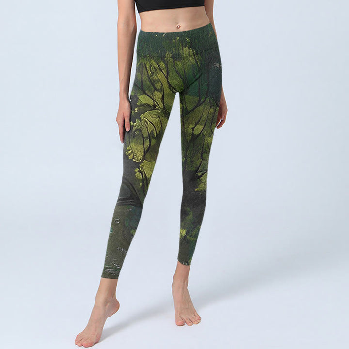 Leggings d'exercice imprimé Buddha Stones ForestGreen Leaves Black Lines Pantalon de yoga pour femme - image 5