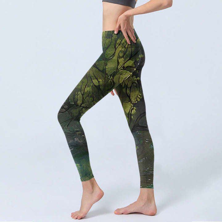 Leggings d'exercice imprimé Buddha Stones ForestGreen Leaves Black Lines Pantalon de yoga pour femme - image 3