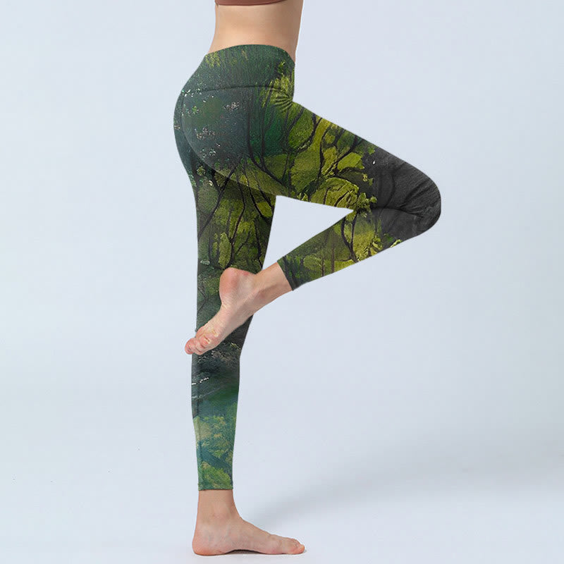 Leggings d'exercice imprimé Buddha Stones ForestGreen Leaves Black Lines Pantalon de yoga pour femme - image 4