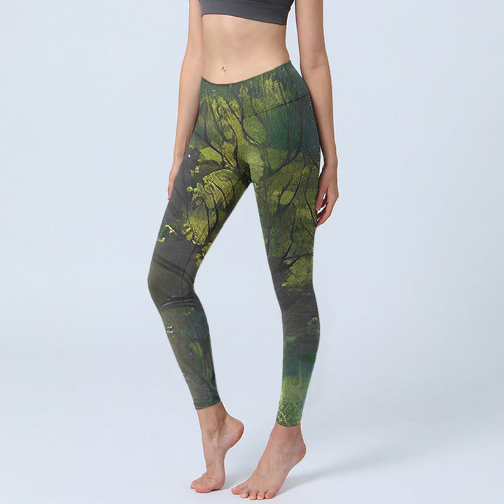 Leggings d'exercice imprimé Buddha Stones ForestGreen Leaves Black Lines Pantalon de yoga pour femme - Forêt Verte - US18，UK/AU22，EU50 (4XL) - image 1