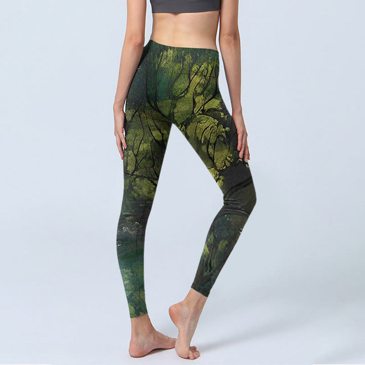 Leggings d'exercice imprimé Buddha Stones ForestGreen Leaves Black Lines Pantalon de yoga pour femme - image 4