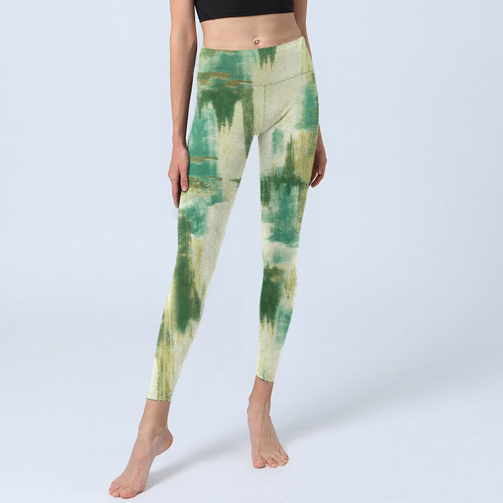 Pantalon de yoga pour femme avec imprimé tie-dye beige et vert Buddha Stones - image 6