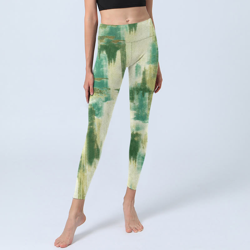 Pantalon de yoga pour femme avec imprimé tie-dye beige et vert Buddha Stones - image 5