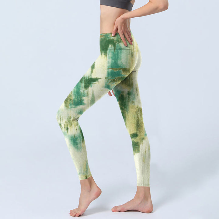 Pantalon de yoga pour femme avec imprimé tie-dye beige et vert Buddha Stones - image 3
