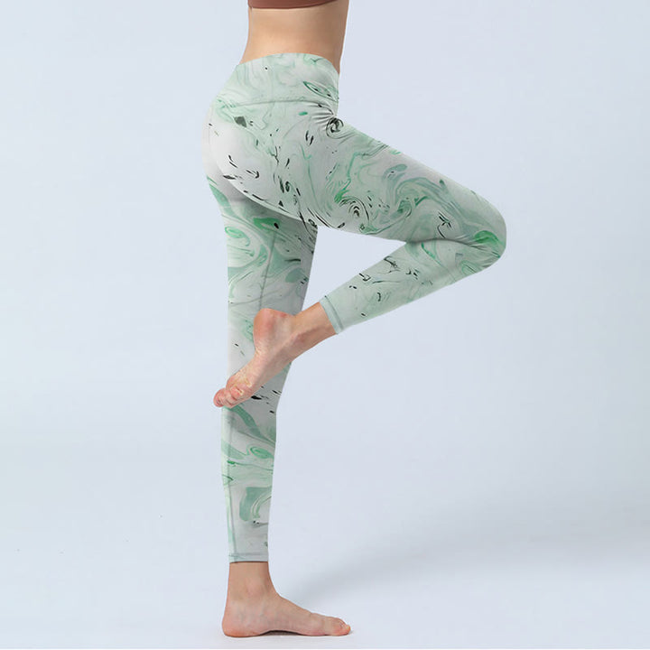 Leggings d'exercice à imprimé Buddha Stones Honeydew Green White Flow Line Pantalon de yoga pour femme - image 4
