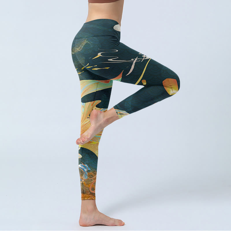 Leggings d'exercice Buddha Stones Dark Slate Grey Double Koi Fish Sky Lantern Tower Pantalon de yoga pour femme - image 3