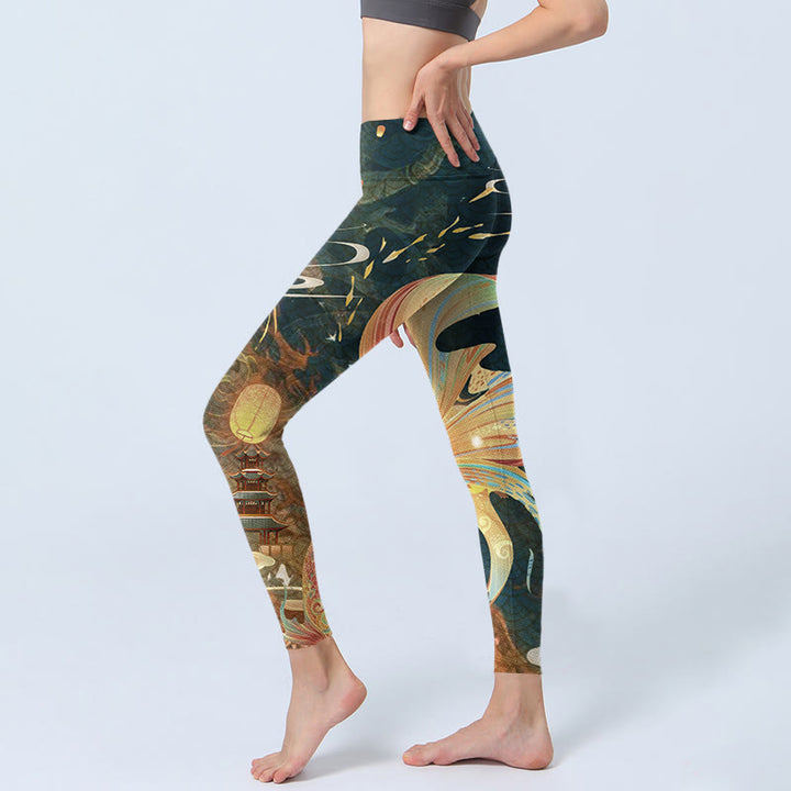 Leggings d'exercice Buddha Stones Dark Slate Grey Double Koi Fish Sky Lantern Tower Pantalon de yoga pour femme - image 3