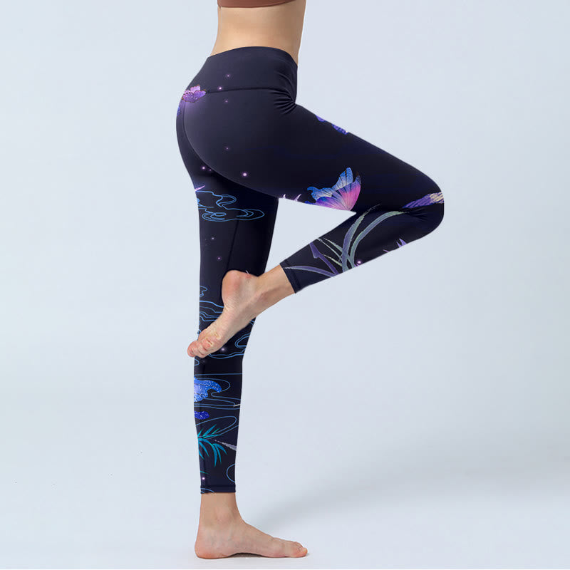 Leggings d'exercice Buddha Stones Midnight Blue Flower Purple Butterfly Pantalon de yoga pour femme - image 3
