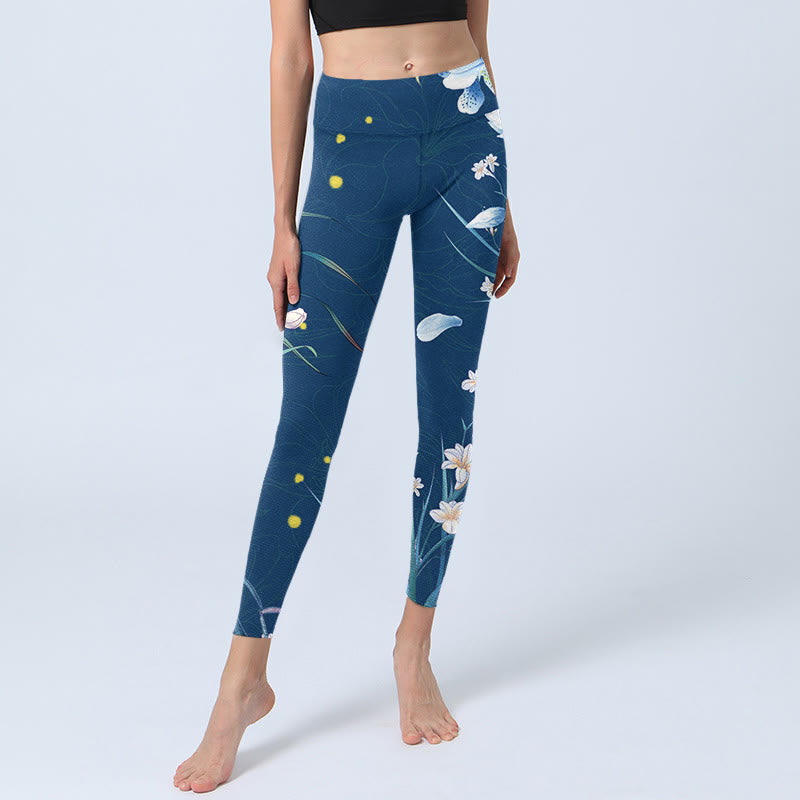 Buddha Stones SteelBlue Petites Fleurs Blanches Papillon Legging D'exercice Pantalon De Yoga Pour Femme - image 5