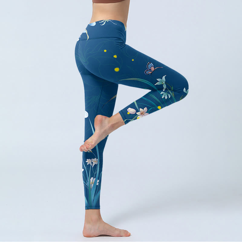 Buddha Stones SteelBlue Petites Fleurs Blanches Papillon Legging D'exercice Pantalon De Yoga Pour Femme - image 3