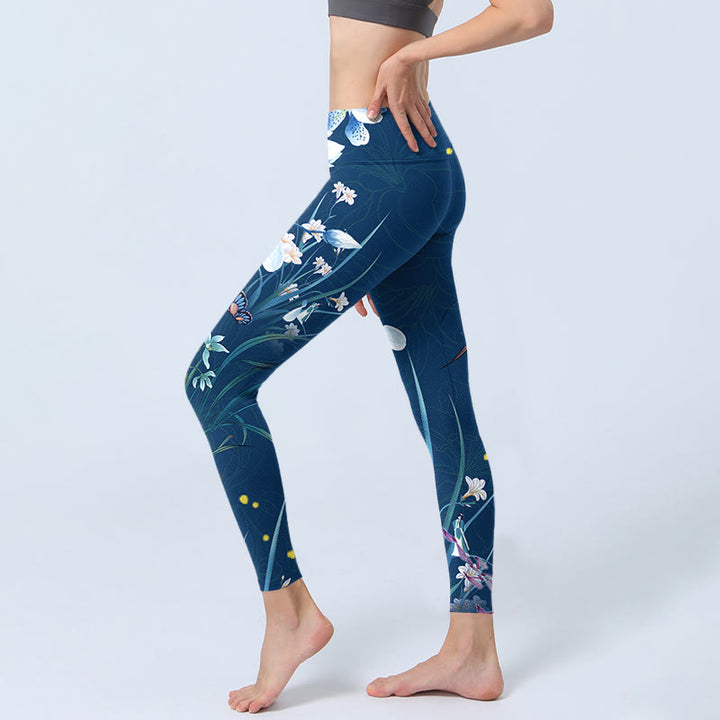 Buddha Stones SteelBlue Petites Fleurs Blanches Papillon Legging D'exercice Pantalon De Yoga Pour Femme - image 2