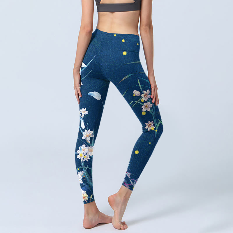 Buddha Stones SteelBlue Petites Fleurs Blanches Papillon Legging D'exercice Pantalon De Yoga Pour Femme - image 4