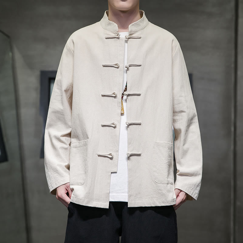 Veste en coton pour homme avec poches et boutons en forme de grenouille et Buddha Stones