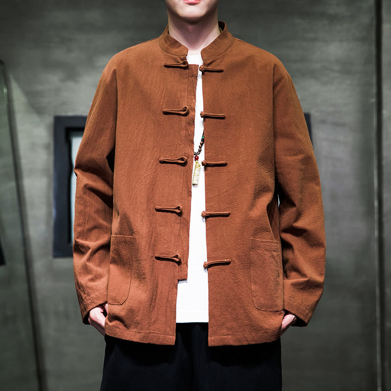 Veste en coton pour homme avec poches et boutons en forme de grenouille et Buddha Stones - SandyBrown - US/UK/AU46，EU56 (5XL) - image 24