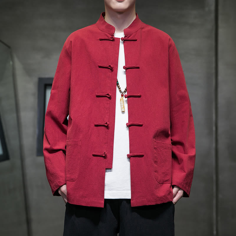 Veste en coton pour homme avec poches et boutons en forme de grenouille et Buddha Stones